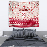 Red and white Christmas wall tapestry with Santa icons, ALABAMA text, and tree border
