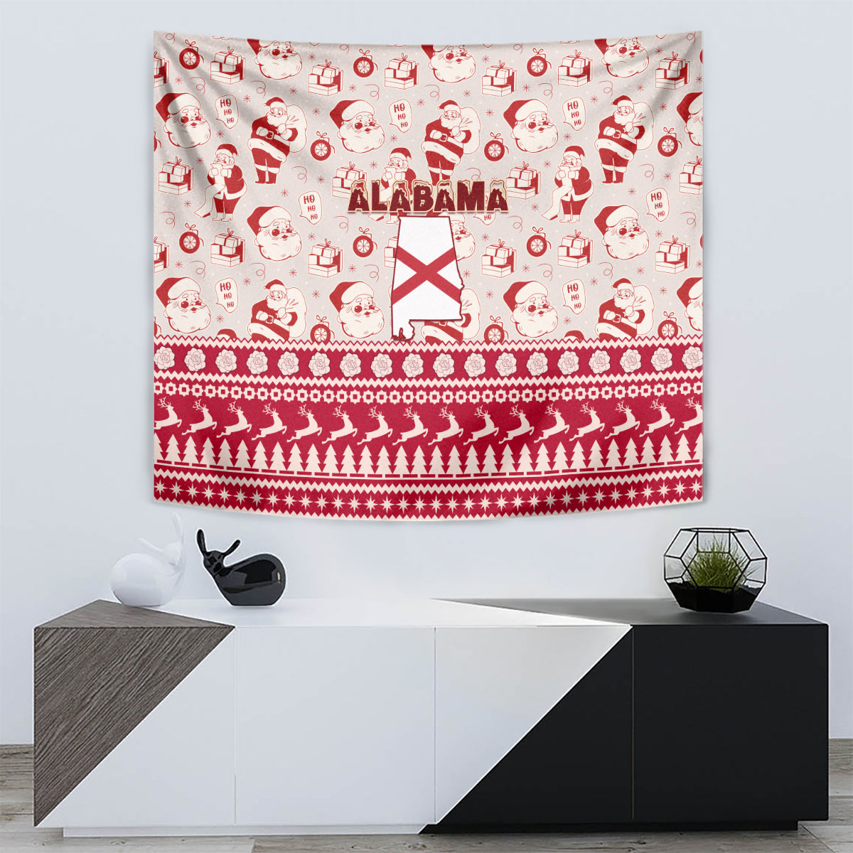 Red and white Christmas tapestry with Santa faces, ALABAMA text, and flag-in-map outline