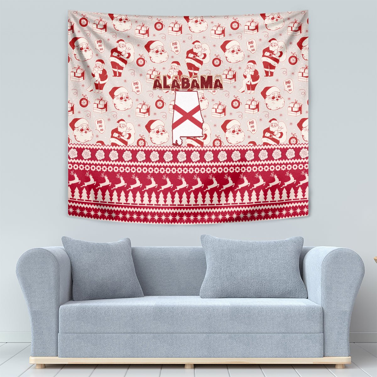 Red and white Christmas tapestry with Santa icons, ALABAMA lettering, and striped tree row