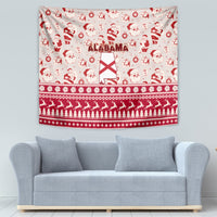 Red and white Christmas tapestry with Santa icons, ALABAMA lettering, and striped tree row