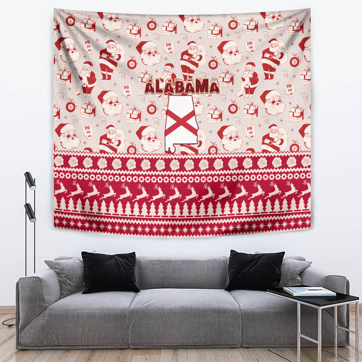 Red and white Christmas tapestry with Santa figures, ALABAMA text, and festive border stripes