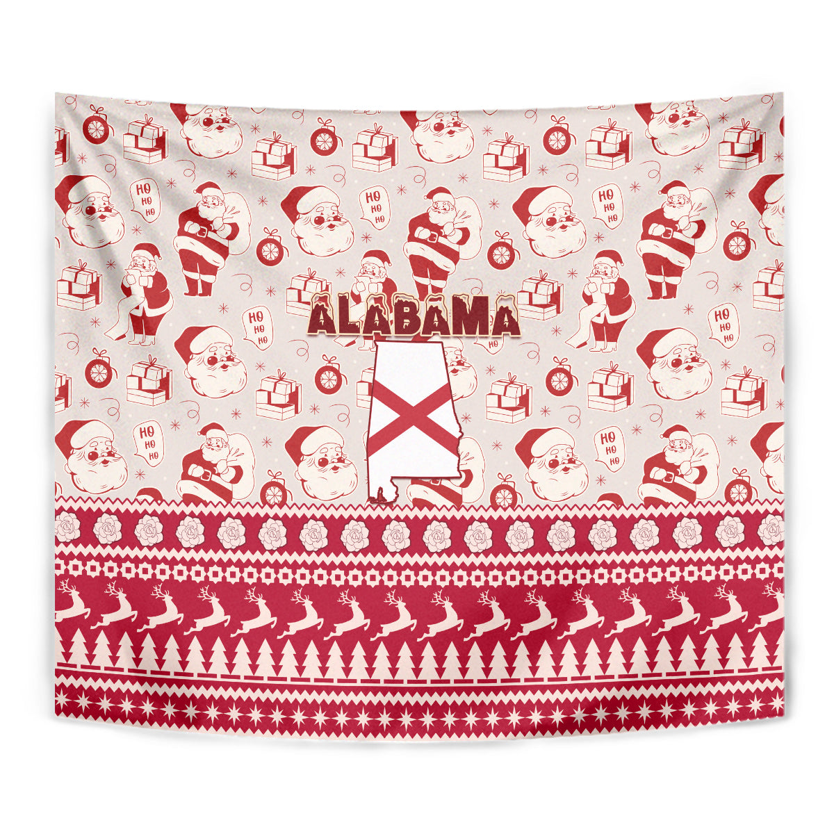 Red and white Christmas tapestry fabric with Santa icons, ALABAMA text, and pine tree stripe
