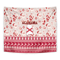 Red and white Christmas tapestry fabric with Santa icons, ALABAMA text, and pine tree stripe