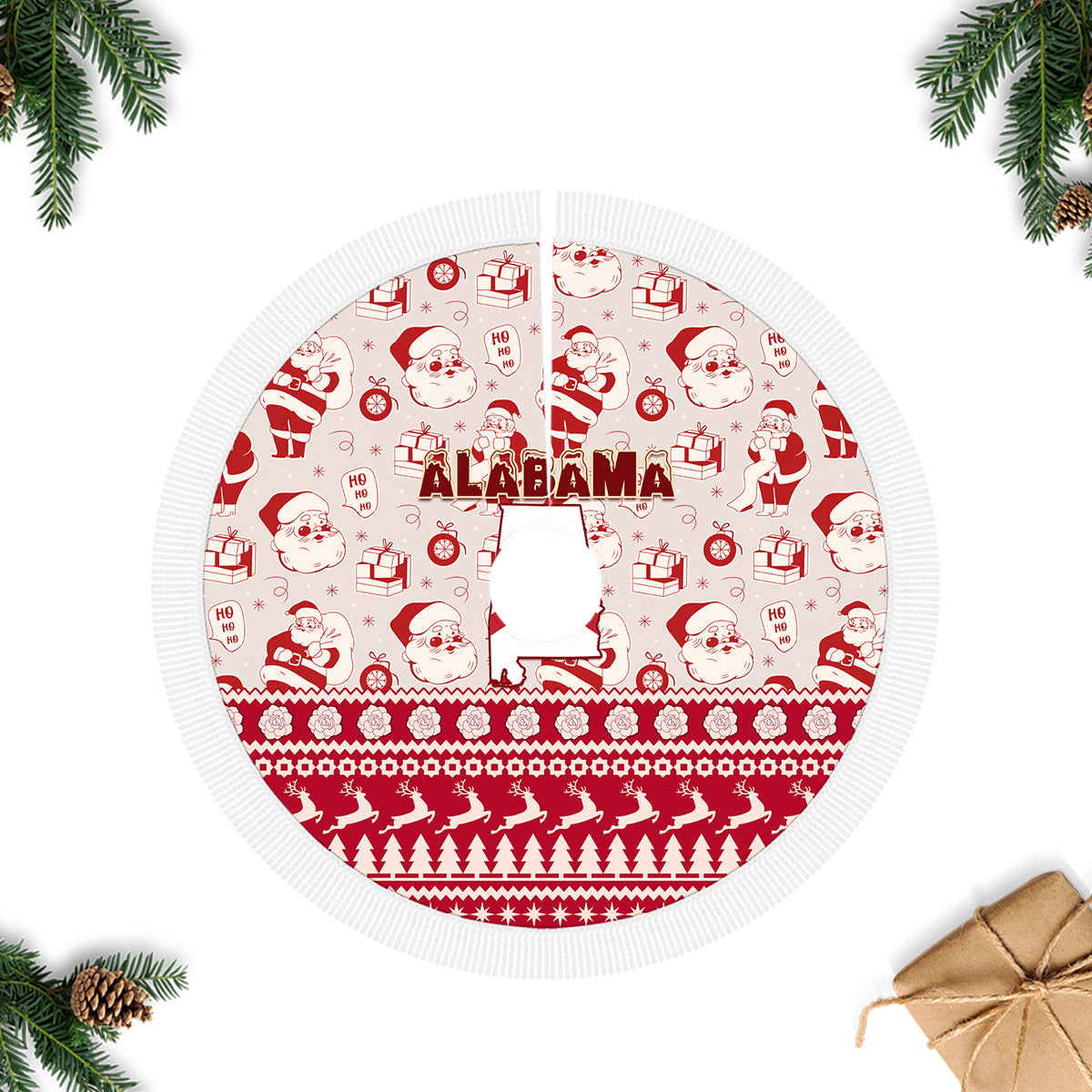 Alabama Christmas tree skirt with red Santa and trees pattern and 'ALABAMA' center