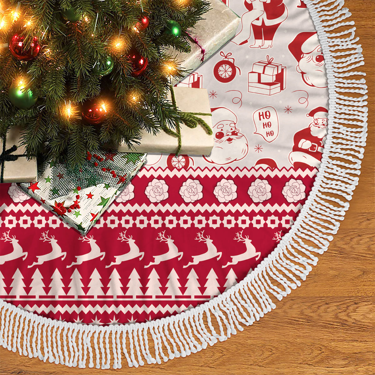 Alabama Christmas tree skirt with red tree stripe pattern and white fringed border