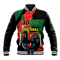Black unisex baseball jacket with front crest graphic, red green Portugal-themed print