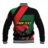 Black unisex baseball jacket with back 'YOUR TEXT' graphic, red green Portugal-themed print