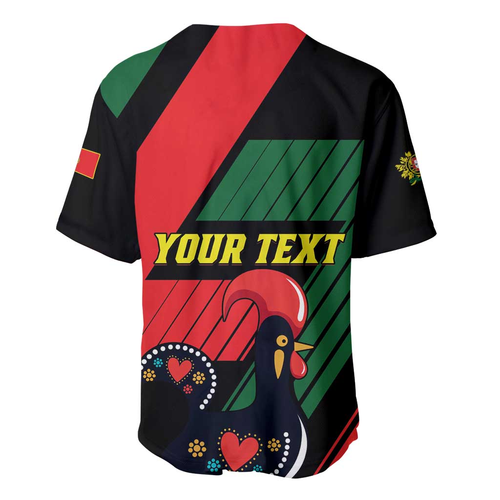 Black baseball jersey back with red yoke, green panel, 'YOUR TEXT' print