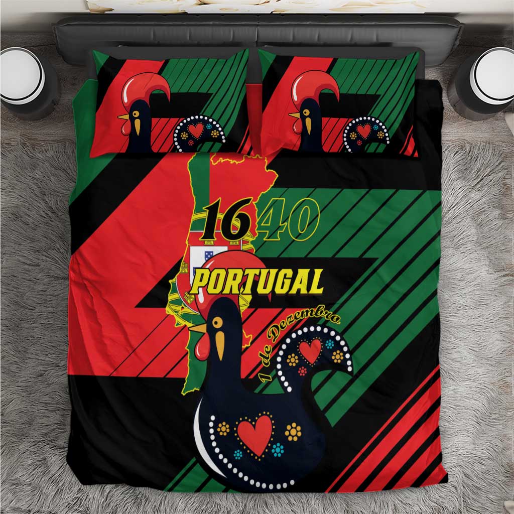 Close-up bedding set with red green black Portugal 1640 crest, bird artwork, and two pillows