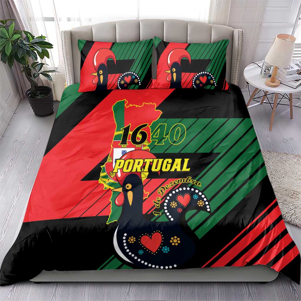 Duvet cover bedding set with red green black Portugal 1640 bird graphic and two pillows