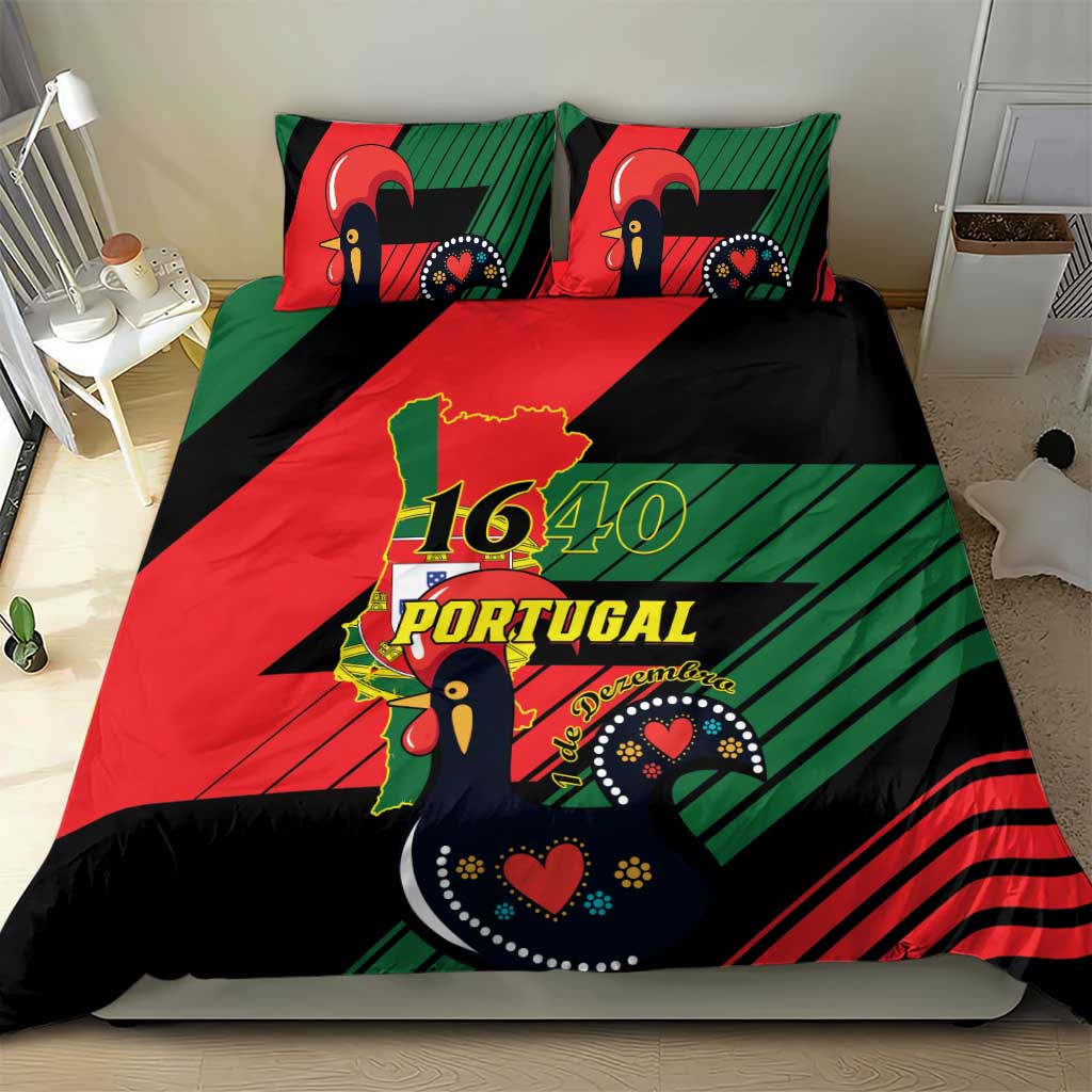 Bedding set with red green black Portugal 1640 crest, bird artwork, and two matching pillows