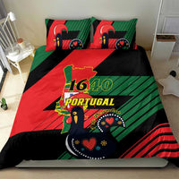 Bedding set with red green black Portugal 1640 crest, bird artwork, and two matching pillows
