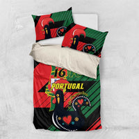 Bedding set flat lay with red green black Portugal 1640 design and two pillowcases