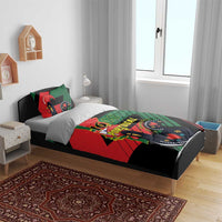 Bedding set on bed with red green black Portugal 1640 bird crest design and two pillows