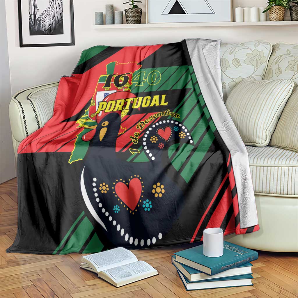 Personalized Portugal throw blanket on bed, red green black with 1640 Portugal emblem