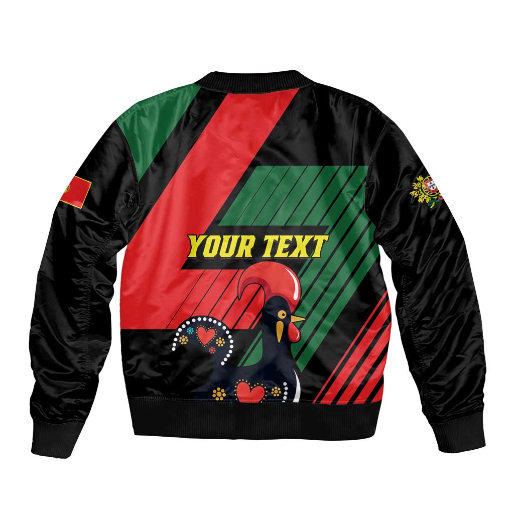 Black bomber jacket with red Portugal stripe graphic, bird with heart, zip-up