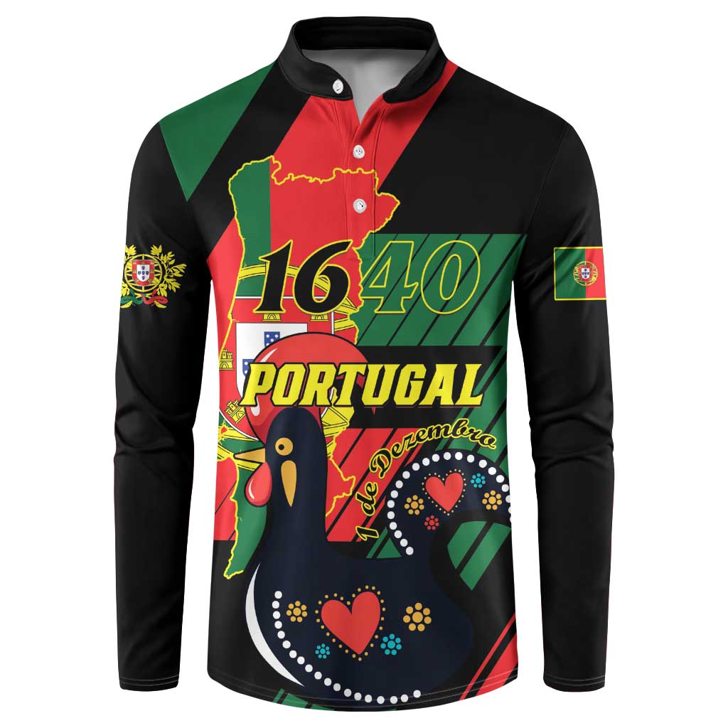 Black button sweatshirt with 1640 Portugal front graphic and colorful flag stripes.