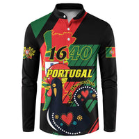 Black button sweatshirt with 1640 Portugal front graphic and colorful flag stripes.
