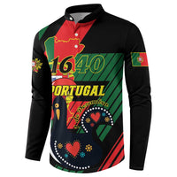 Black button sweatshirt with 1640 Portugal graphic, rooster and hearts, front angled view.