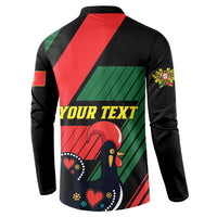 Black button sweatshirt with back panel showing YOUR TEXT and Portugal rooster graphic.