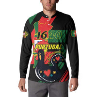 Black button sweatshirt on model, 1640 Portugal front graphic with hearts and flag accents.