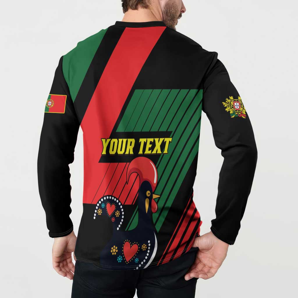 Black button sweatshirt on model, back shows YOUR TEXT over Portugal flag and rooster art.