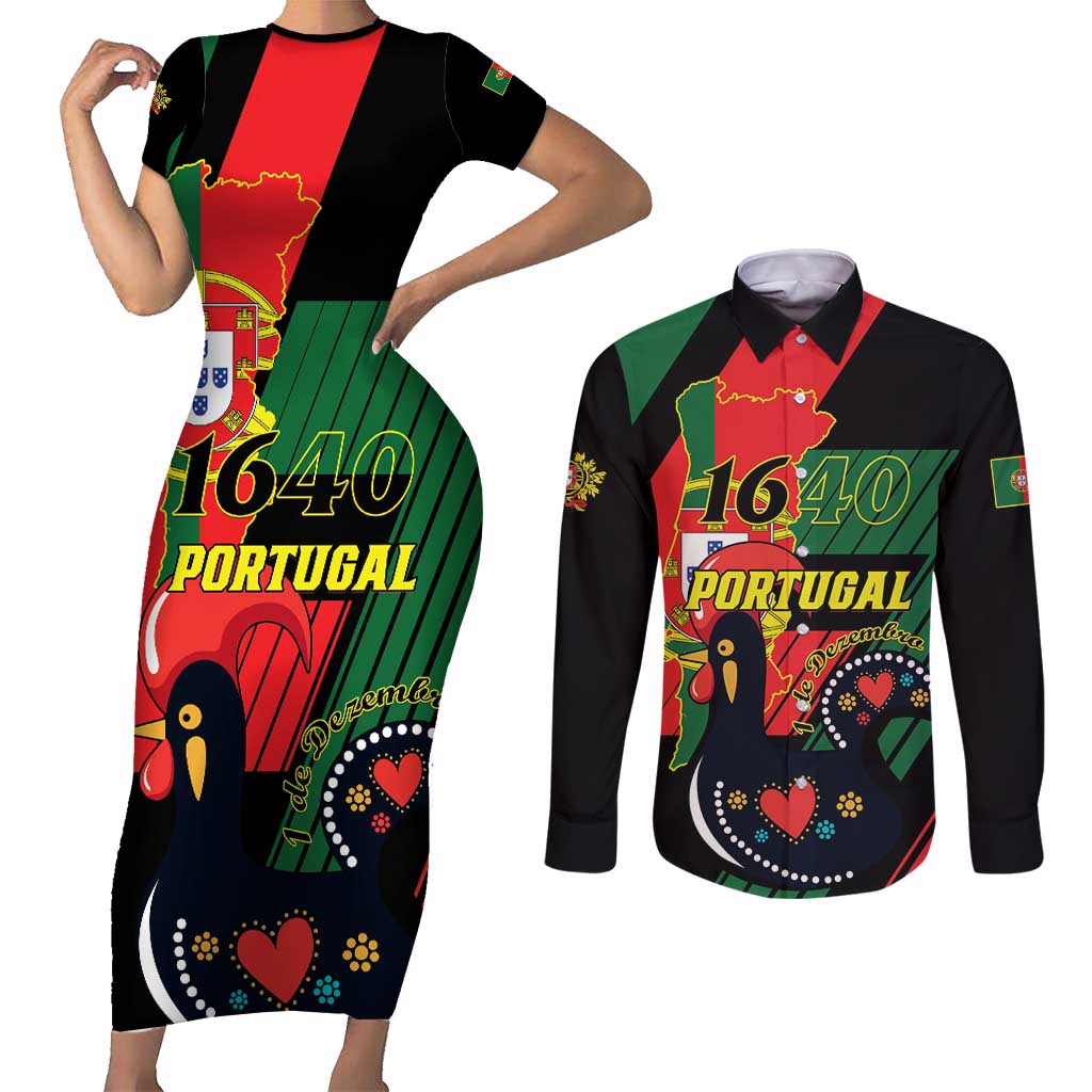 Personalized Portugal 1640 Couples Matching Short Sleeve Bodycon Dress and Long Sleeve Button Shirt 1 De Dezembro Independence Day - Wonder Print Shop