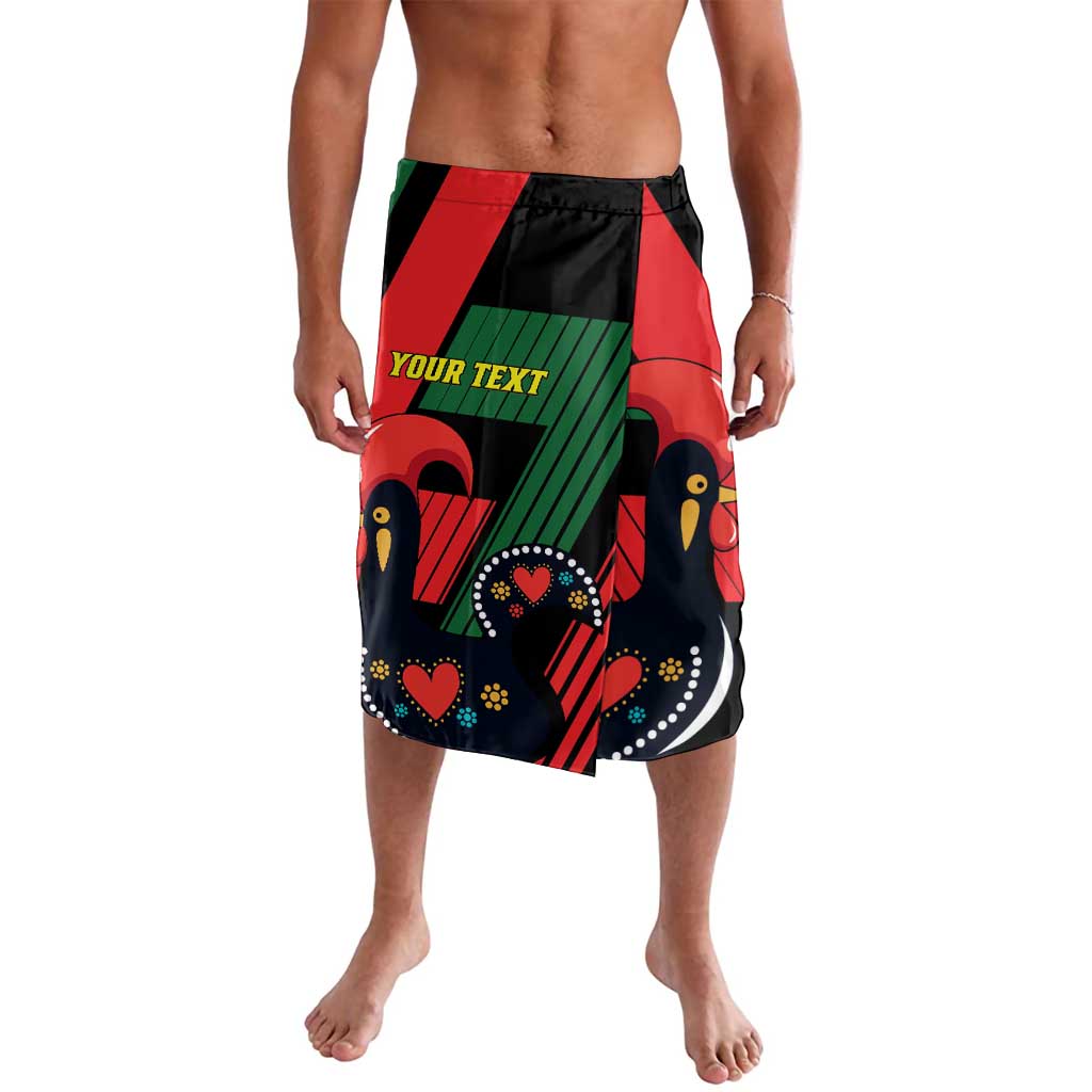 Men's black graphic swim shorts with red green pattern and custom text panel