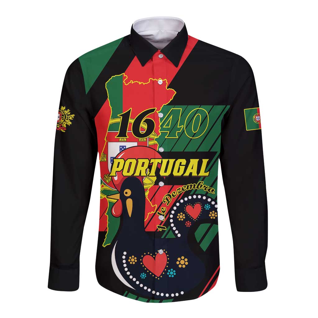 Black long sleeve button shirt with Portugal 1640 graphic and colorful bird and hearts