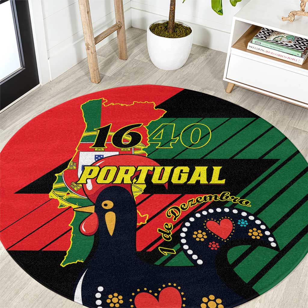 Round area rug close-up with Portugal 1640 text, green red black graphic illustration.