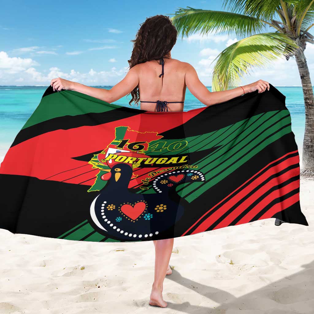 Black Portugal 1640 sarong with diagonal flag stripes and decorative bird-heart artwork