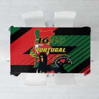 Black tablecloth with red and green Portugal crest graphic and striped design