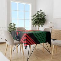 Black rectangular tablecloth with Portugal flag crest, red and green geometric stripes
