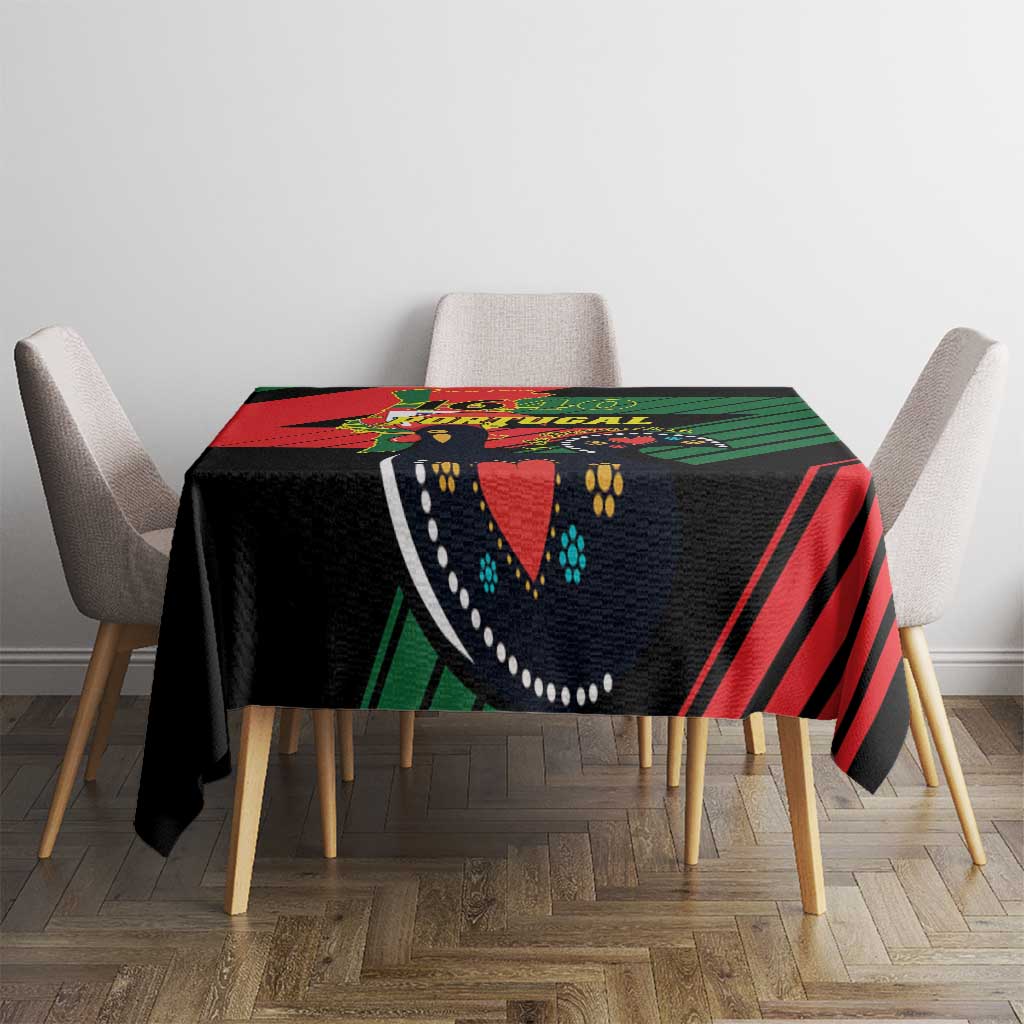 Black tablecloth on dining table with Portugal crest and red-green stripe pattern