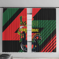 Two black curtains with Portugal flag design in red and green, hanging on rod.