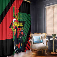 Black curtain with red and green Portugal-themed artwork and large “PORTUGAL” text.