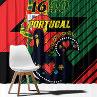 Close view of black curtain print showing Portugal-themed heart and “PORTUGAL” lettering.