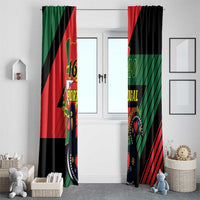 Set of two black window curtains with red and green diagonal Portugal flag print.