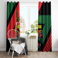 Black window curtains with red and green diagonal Portugal flag print and large lettering.