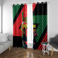 Paired black window curtains with red and green Portugal flag graphic, top grommets.