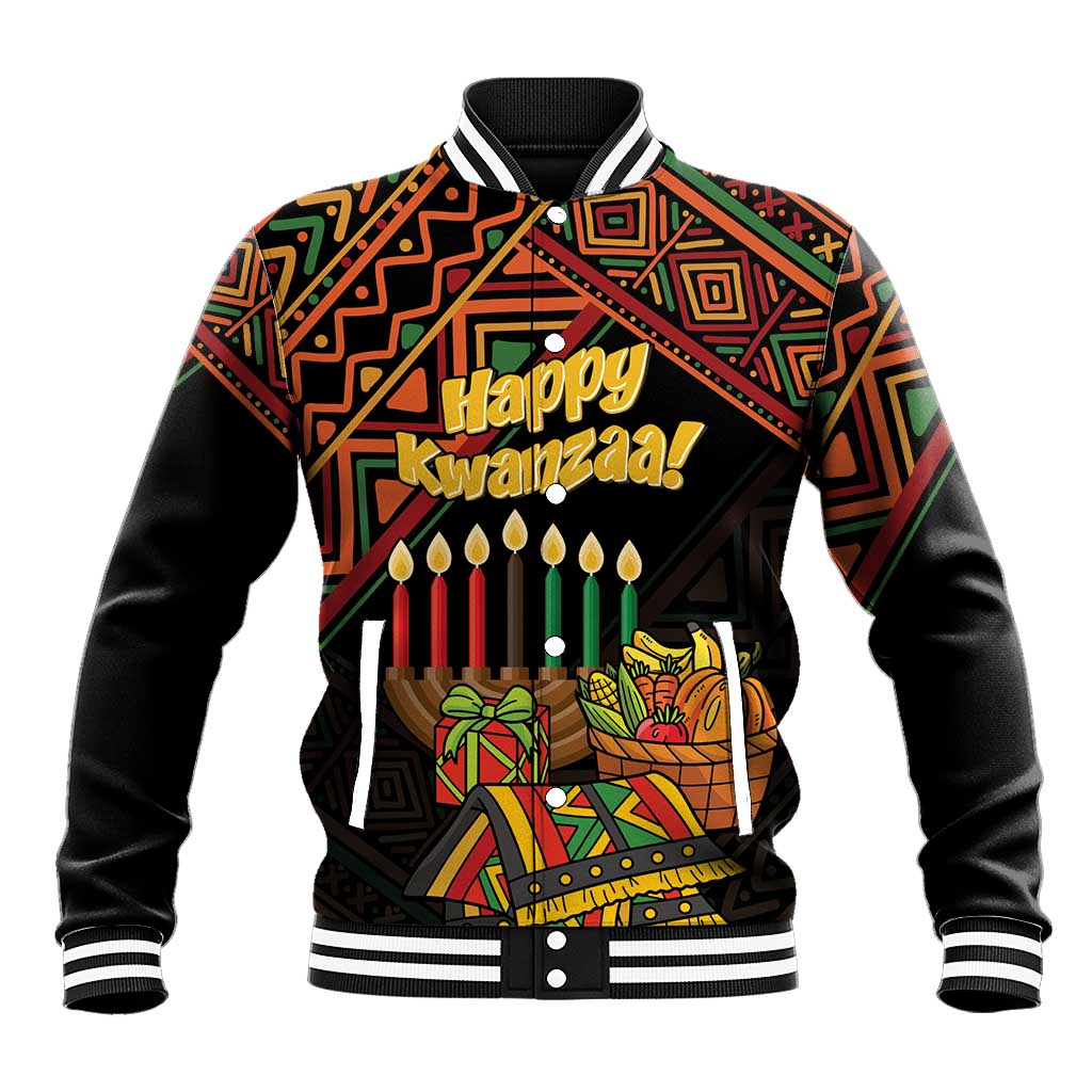 Black varsity baseball jacket with colorful African pattern and Happy Kwanzaa graphic