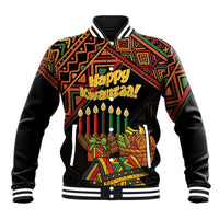 Black varsity baseball jacket with colorful African pattern and Happy Kwanzaa graphic