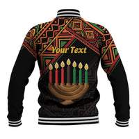 Black baseball jacket with African pattern, Your Text, and Kwanzaa candles on back