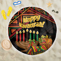 Round personalized Kwanzaa beach blanket, black with colorful Happy Kwanzaa graphic and fringe