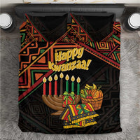 Black Happy Kwanzaa duvet set close-up with seven candles, basket, gifts, and geometric lines