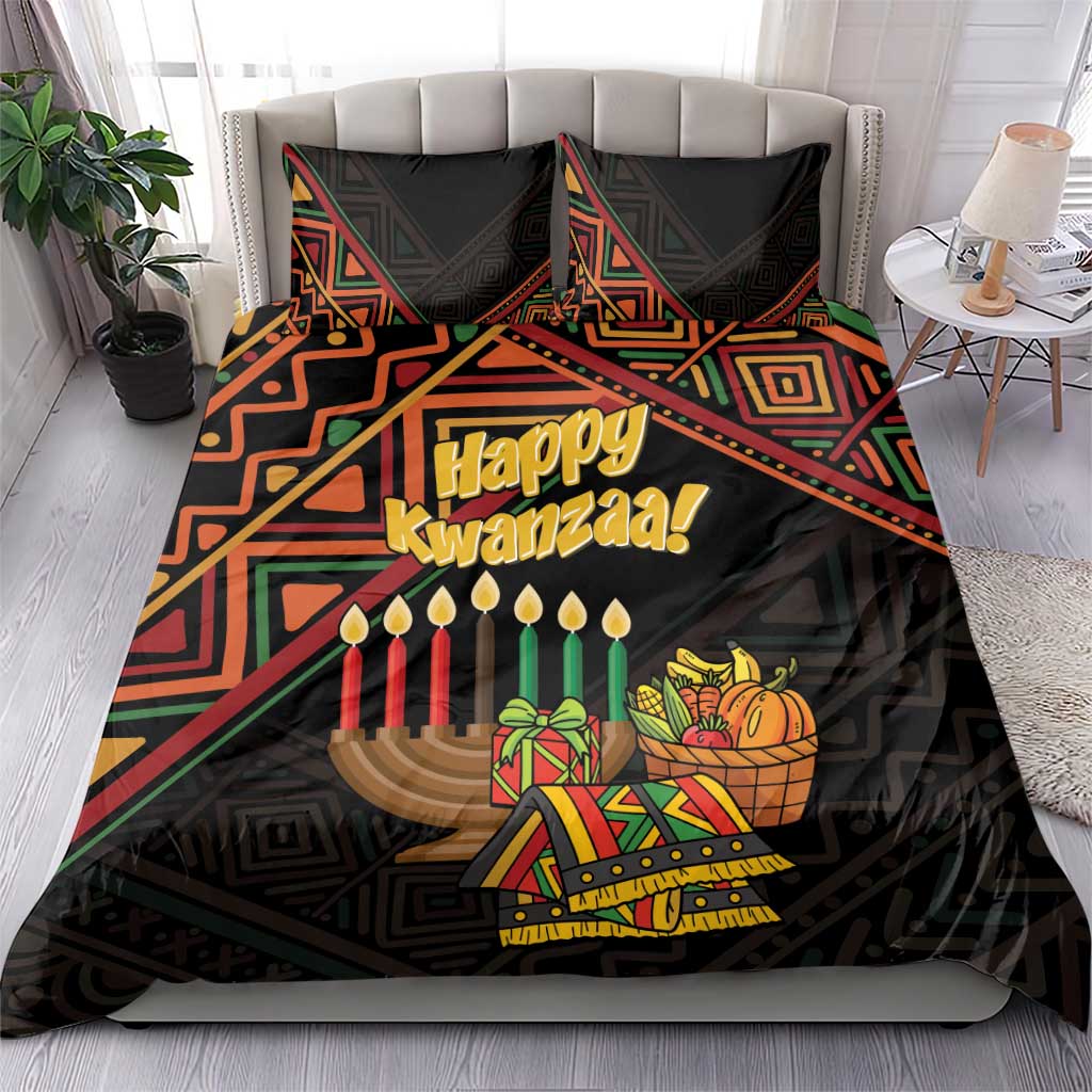Black Happy Kwanzaa bedding set with multicolor geometric pattern, candles, and gifts design
