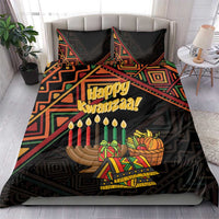 Black Happy Kwanzaa bedding set with multicolor geometric pattern, candles, and gifts design