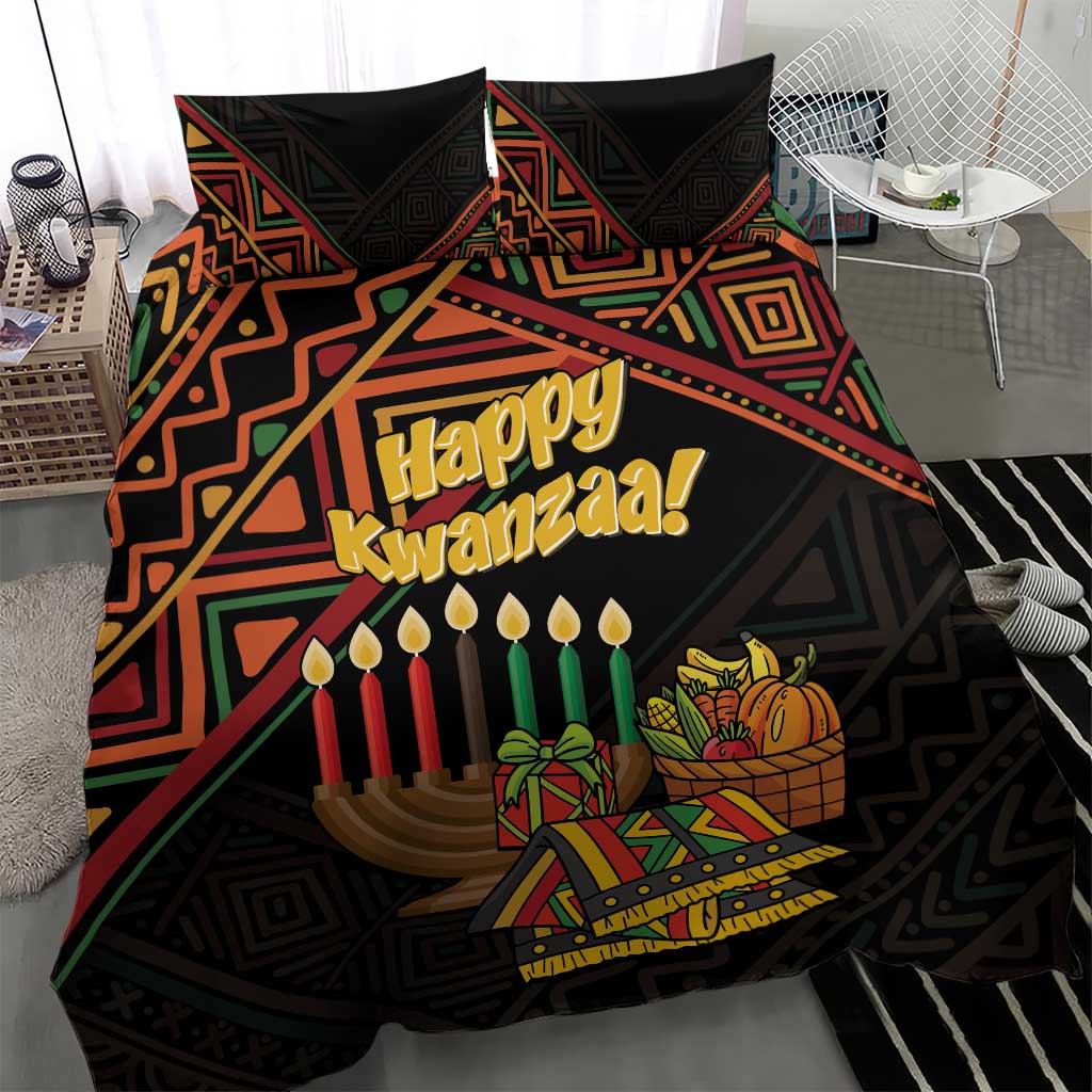 Black Happy Kwanzaa bedding set with “Happy Kwanzaa!” text, seven candles, and decor