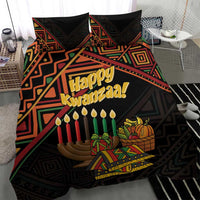 Black Happy Kwanzaa bedding set with “Happy Kwanzaa!” text, seven candles, and decor