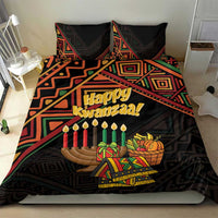 Black Happy Kwanzaa bedding set on sofa with two pillowcases and bold “Happy Kwanzaa!” design
